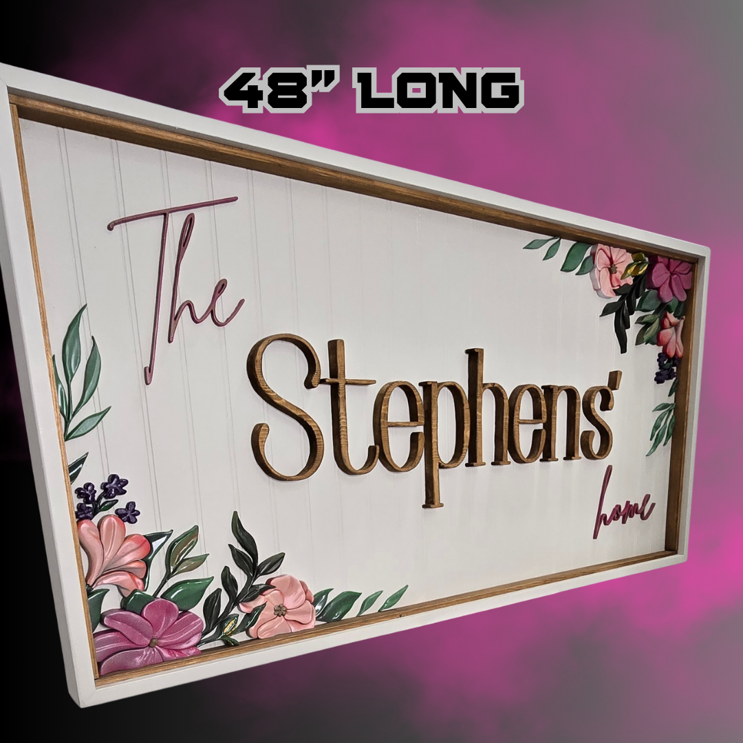Custom 3D Floral Wood Sign – 48"x24" Personalized Wall Art with Choice of Fonts, Colors & Message
