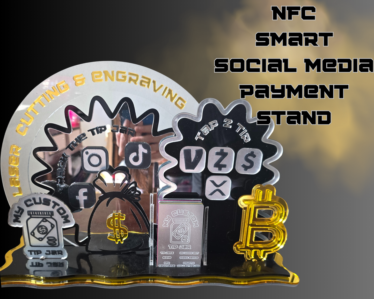 LARGE NFC smart payment/follow stand- 6 panels + business card holder - Custom Acrylic Branding Display