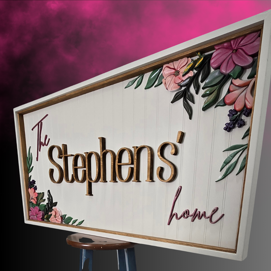 Custom 3D Floral Wood Sign – 48"x24" Personalized Wall Art with Choice of Fonts, Colors & Message